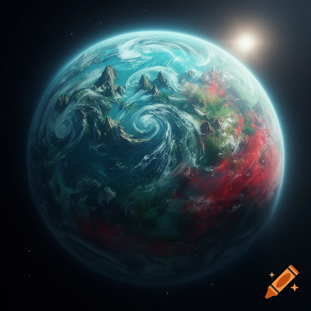 A vibrant planet in space with swirling blue and green oceans, reddish landmasses, rocky mountains, and a bright sun.
