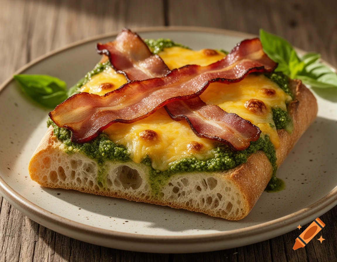 Grilled ciabatta bread topped with vibrant pesto, melted cheddar cheese, and crispy bacon strips on a plate, photorealistic.