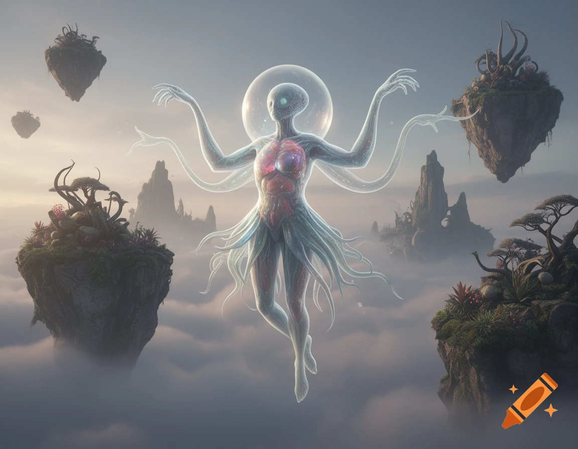 Translucent alien humanoid with glowing organs and tentacle arms floats among misty, plant-covered floating islands in a sci-fi setting.
