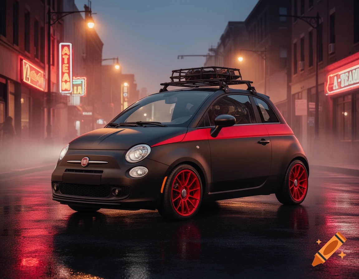 A black Fiat 500 with a red stripe and red wheels, styled like the A-Team van, is parked on a wet city street at night, with neon signs glowing in the background.