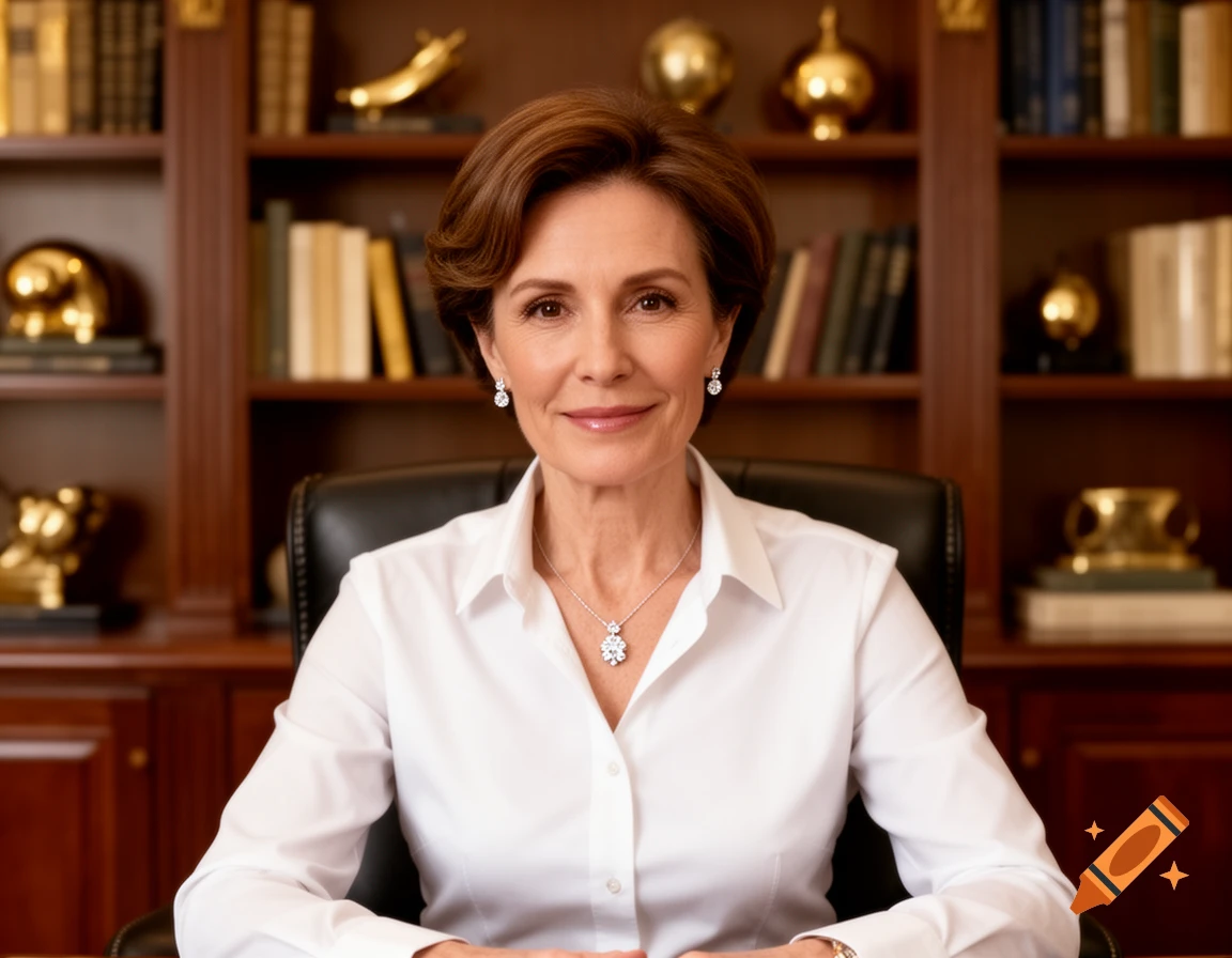 A chic, elegant business woman with short brown hair sits at a desk in a luxurious home office with bookshelves.