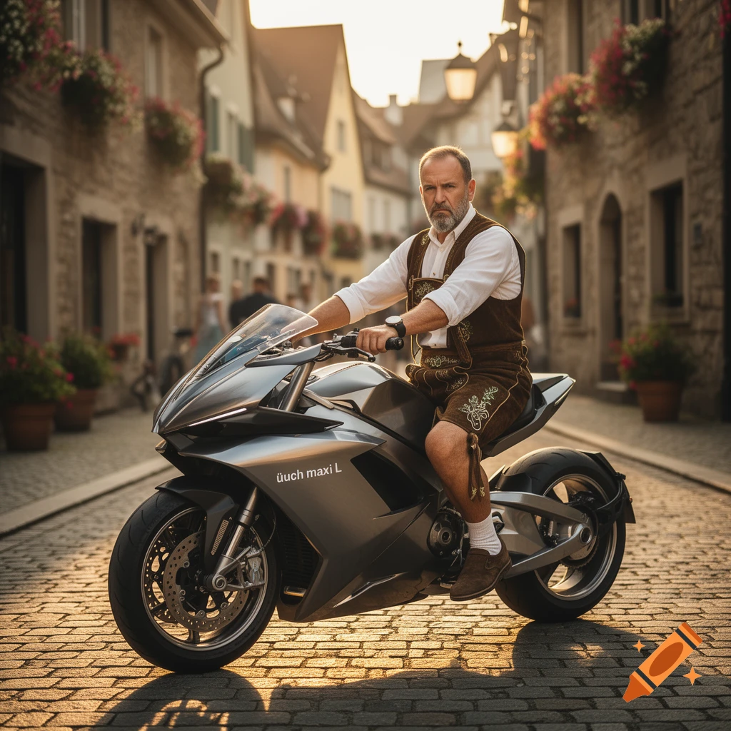 A bearded man in lederhosen and white shirt sits on a futuristic silver motorcycle on a cobblestone street in a European town at sunset.