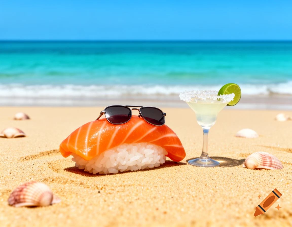 A piece of salmon nigiri sushi wearing sunglasses next to a margarita with a lime wedge, on a sandy beach with seashells and ocean waves in the background.