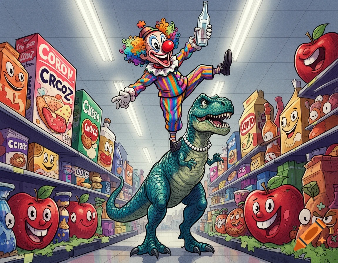 A cartoon clown balancing on one leg atop a T-Rex, holding a bottle, inside a brightly lit supermarket aisle with anthropomorphic food products.