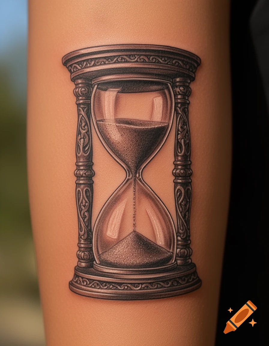 A realistic black and grey hourglass tattoo on a person's arm, depicting sand falling.
