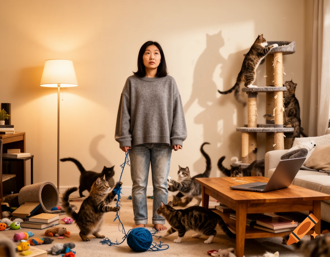 A stressed Asian woman stands surrounded by many cats playing with yarn and on cat trees in a cluttered living room.