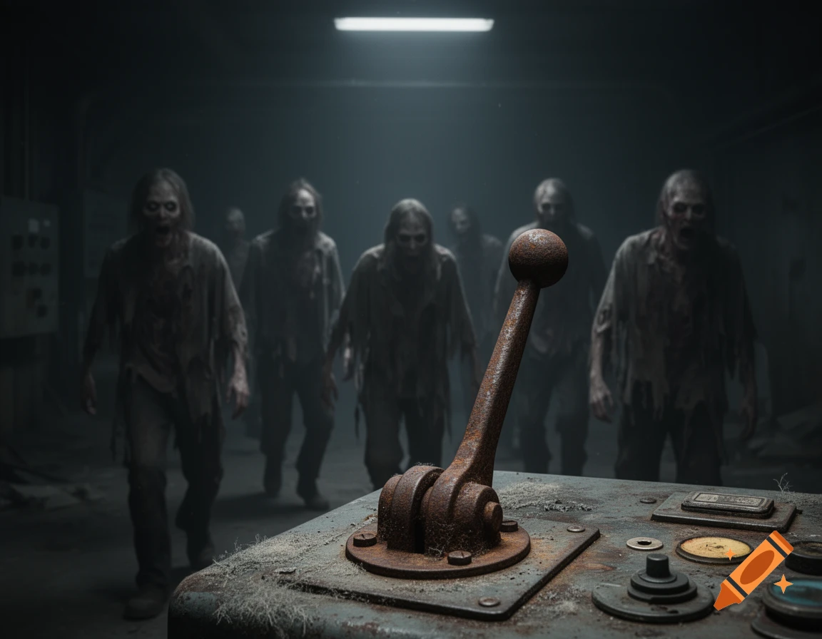 A rusty lever and control panel in the foreground, with a group of gaunt, decaying zombies approaching from a dark, foggy background.