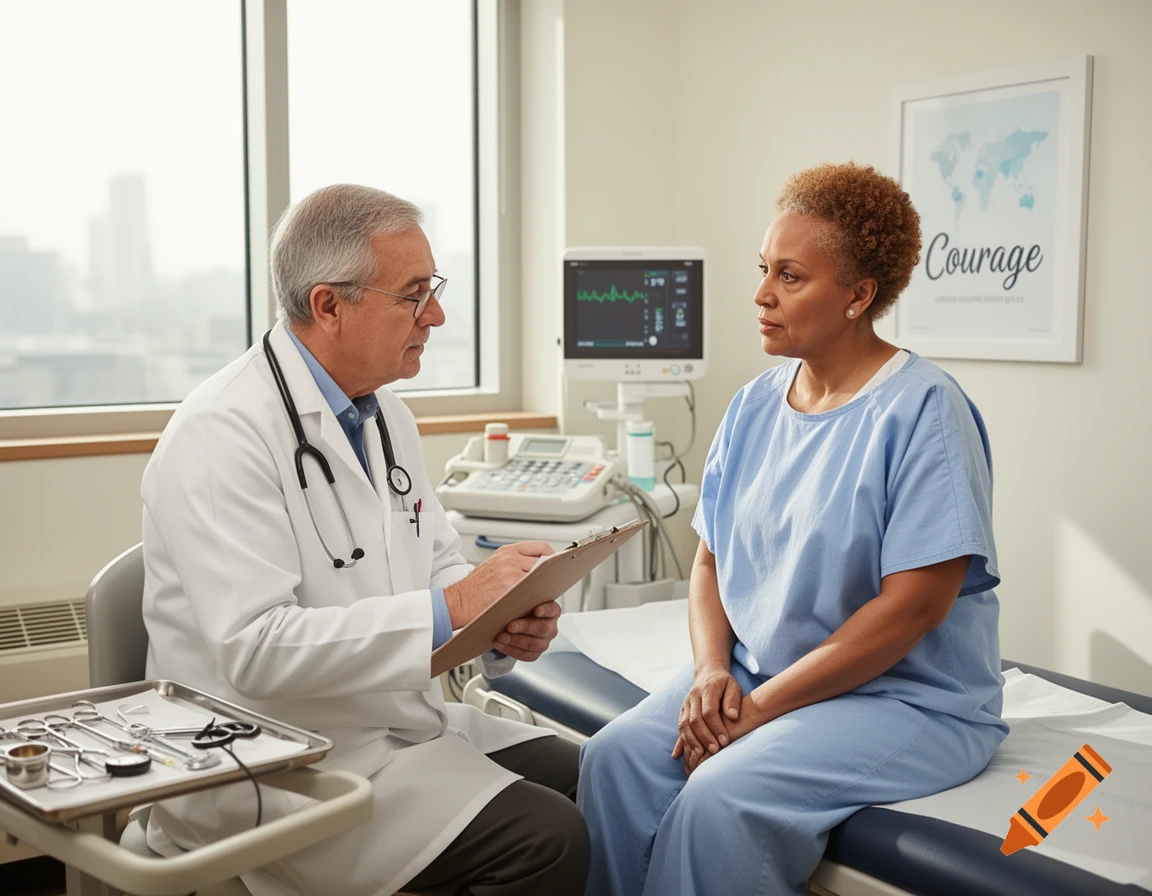 A male doctor in a white coat talks to a female patient in a light blue gown, sitting on an examination table in a medical office.