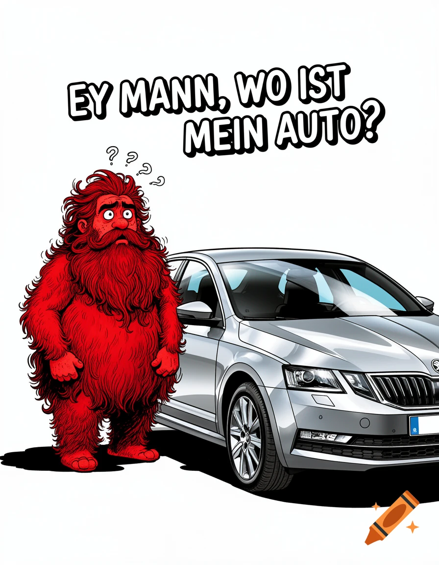 A confused red furry man with a beard stands next to a silver car, with the text "Ey Mann, wo ist mein Auto?" above him, in a comic style.