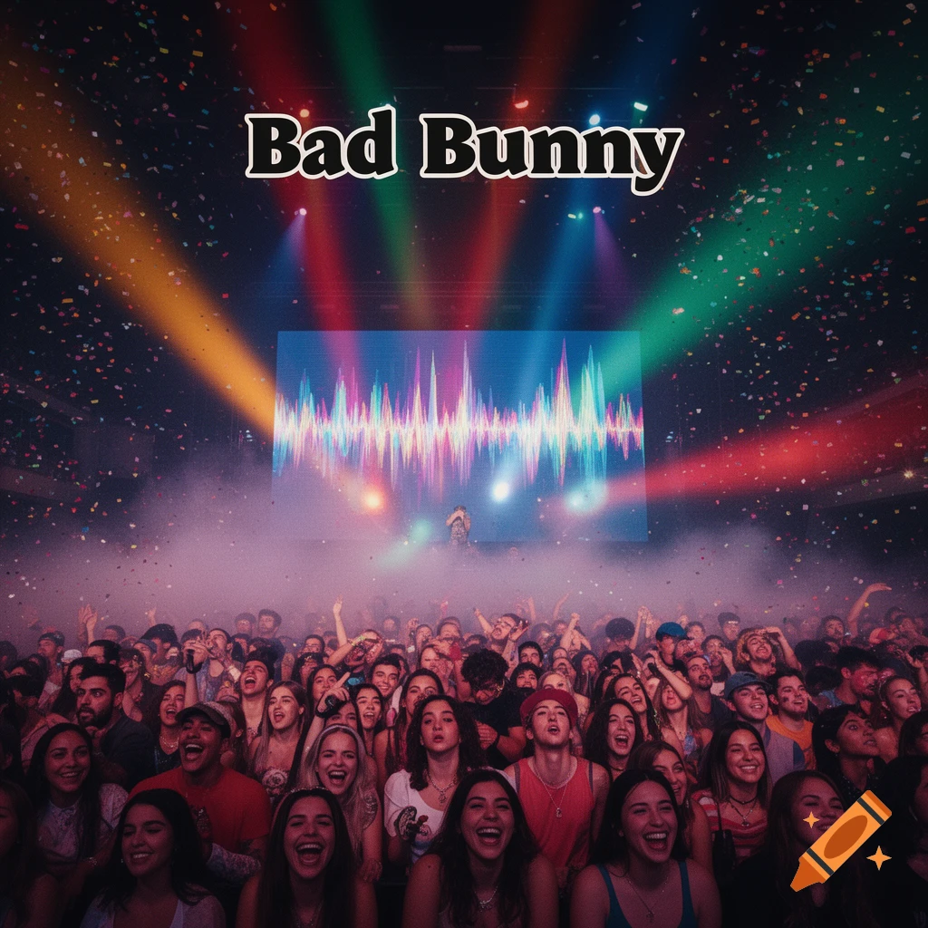 Album cover featuring a large crowd at a vibrant concert with 'Bad Bunny' text, colorful stage lights, confetti, and an equalizer display.