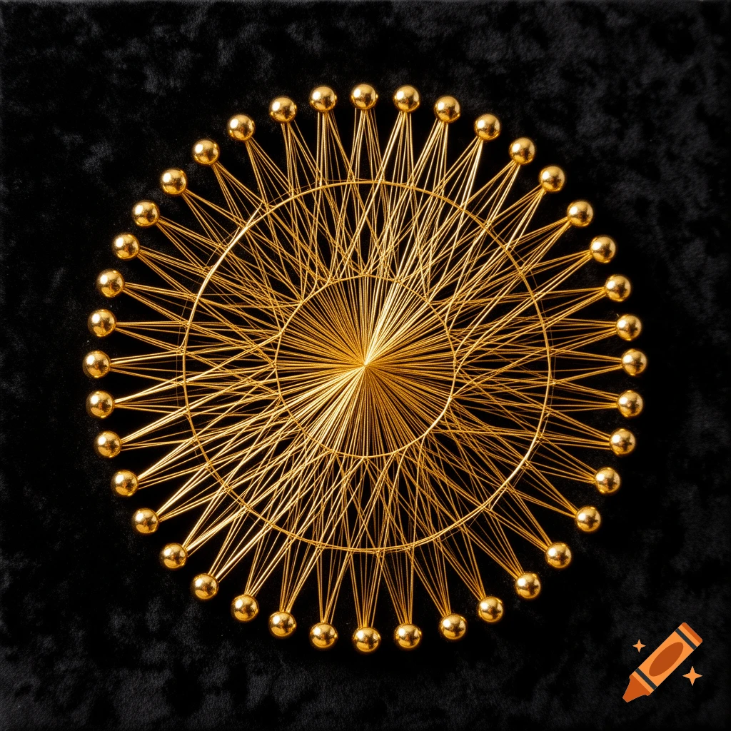 A perfectly centered circular sacred geometry mandala made of golden string art on a pure black velvet background.