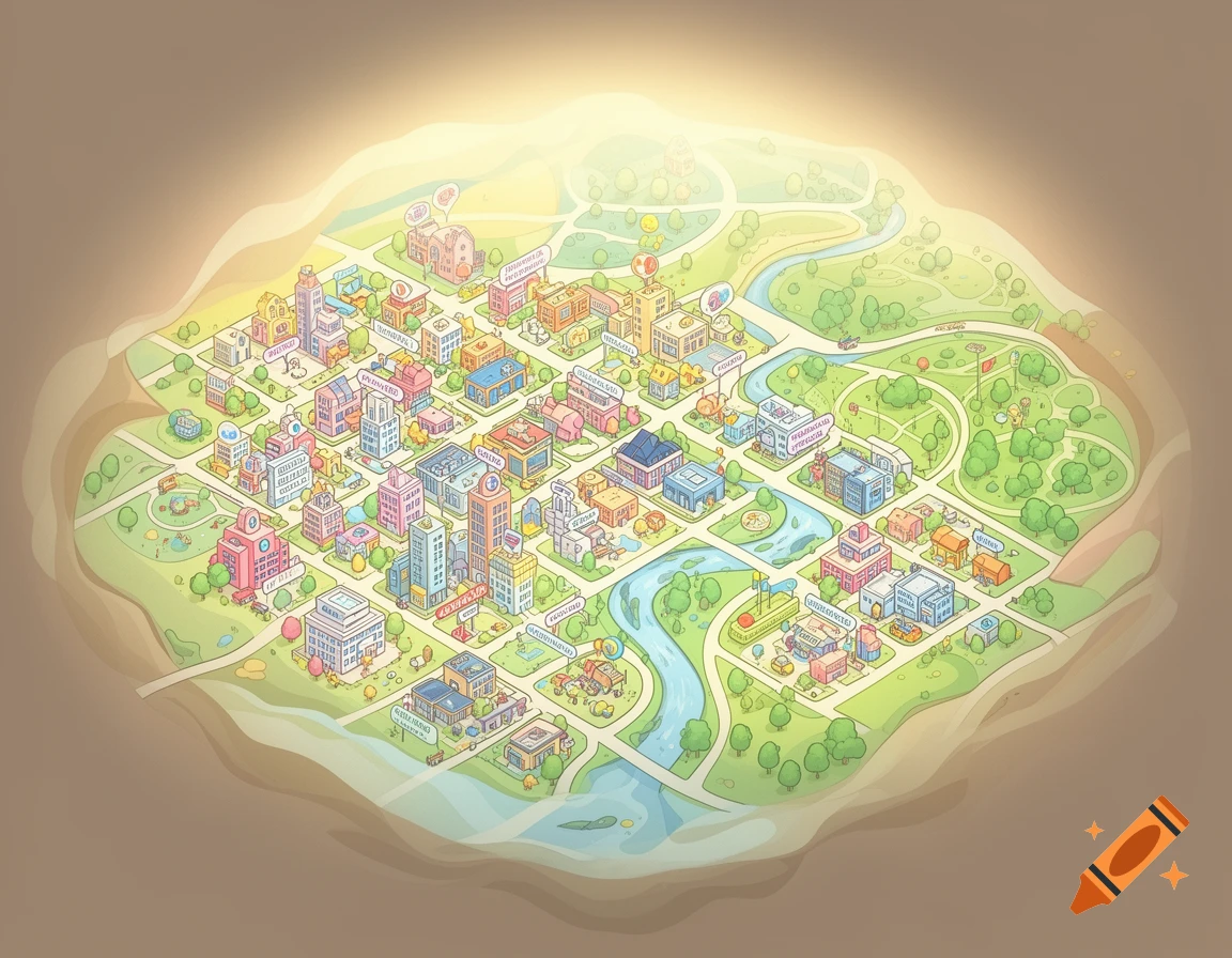 A cartoon isometric map of a vibrant city with numerous buildings, parks, and a winding river, all bathed in a warm glow.