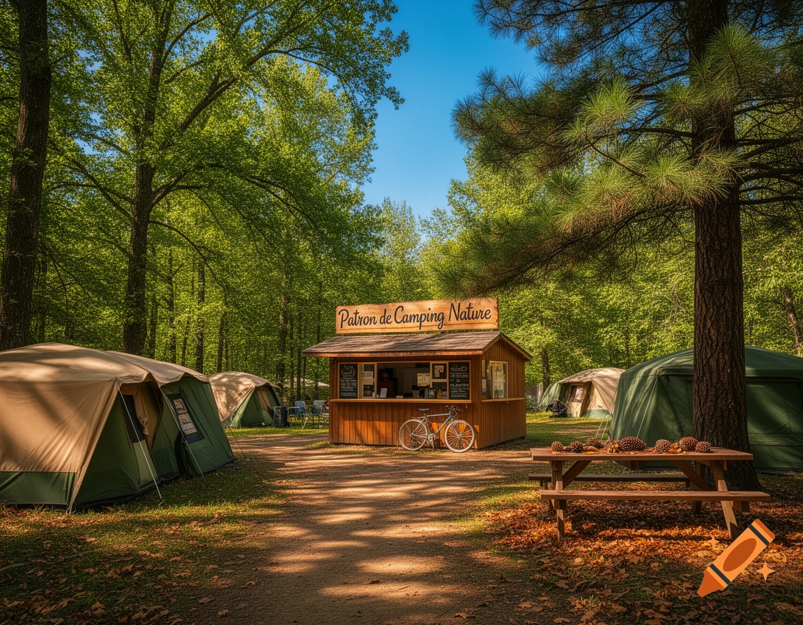 A serene camping ground with tents, a wooden stand, a bicycle, and a picnic table in a sun-dappled forest.