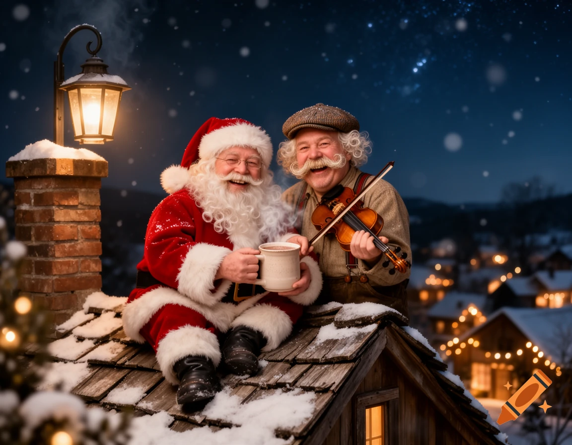 Photorealistic image of Santa Claus and a fiddler on a snowy roof at night, sharing hot cocoa. The fiddler plays violin.