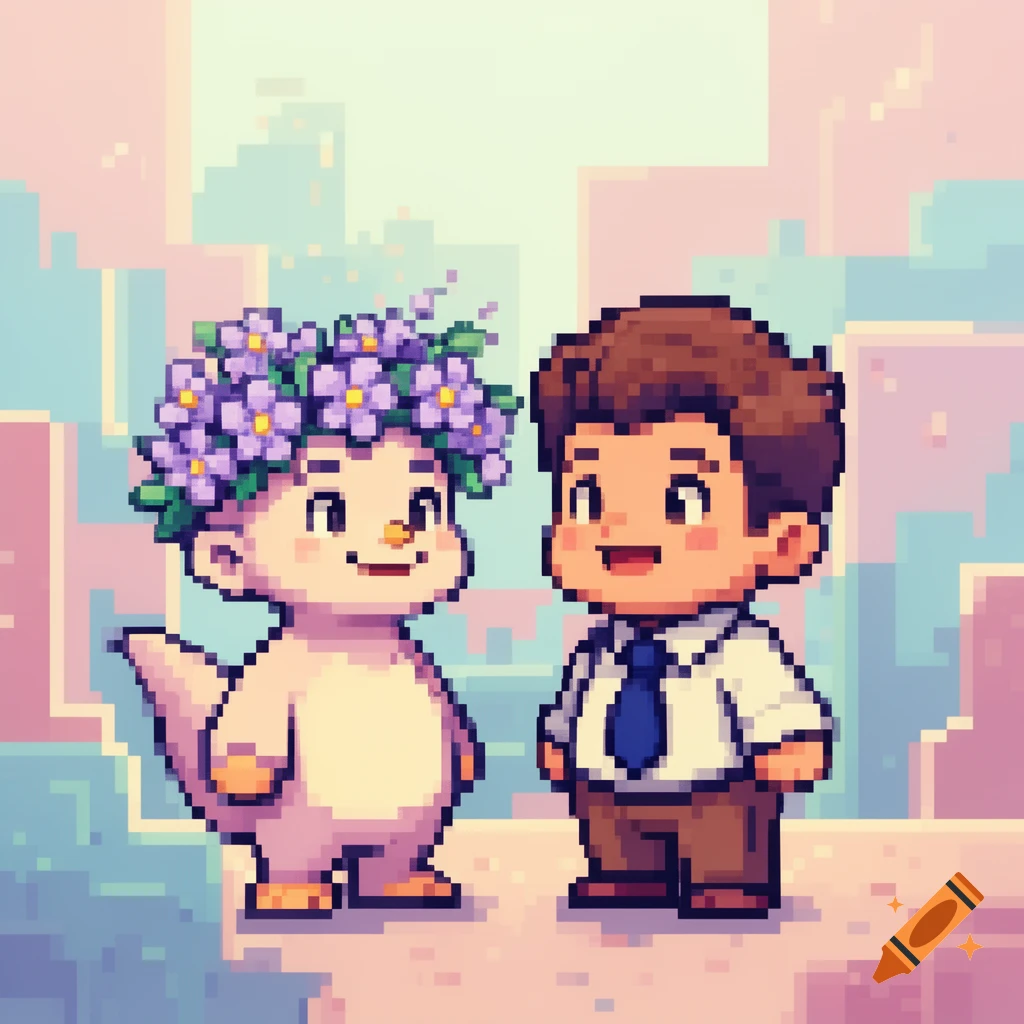 Two cute pixel art characters smiling; a white creature wearing a lilac flower crown and a boy in a white shirt and blue tie.