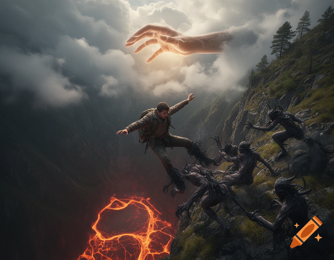 A man falls toward lava, pulled by demonic creatures on a rocky mountain, as a giant glowing hand descends from the clouds above.