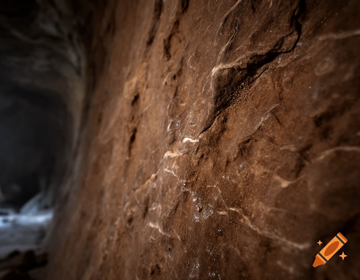 Close-up, focused view of a brown, textured cave wall with rough surfaces and specks, with a blurry dark cave opening in the background.