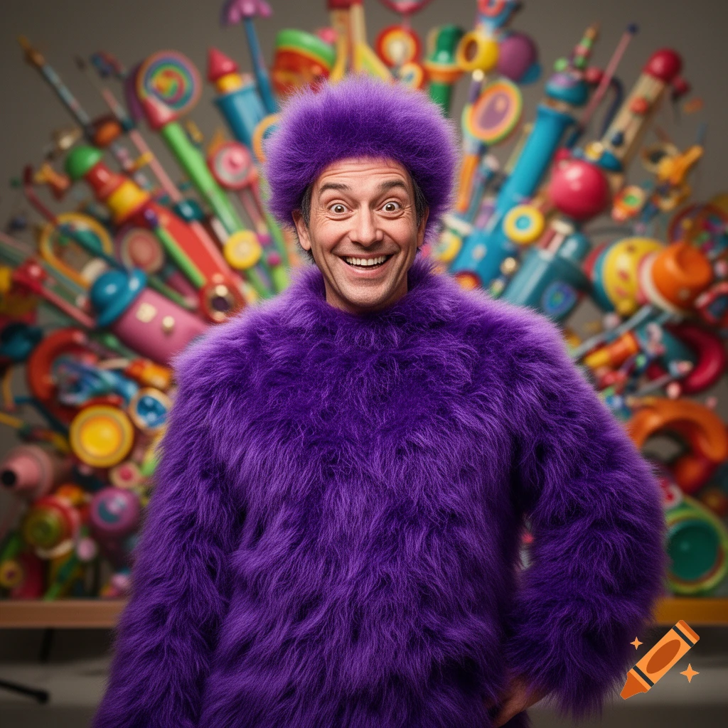 A man in a fluffy purple suit and hat grins against a backdrop of colorful, abstract toy-like objects.
