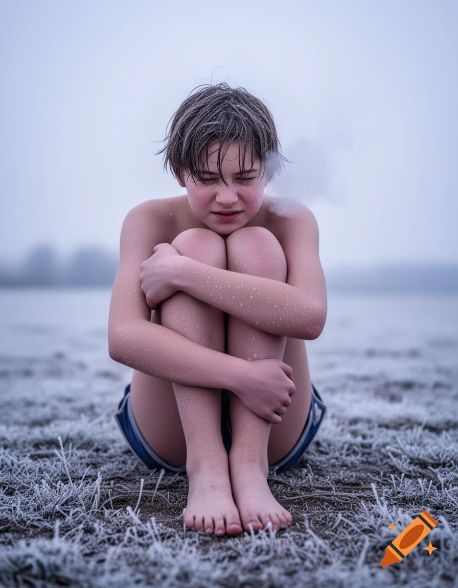 A visibly cold young person, shirtless with goosebumps, huddles on frosty ground, steam rising from their breath.