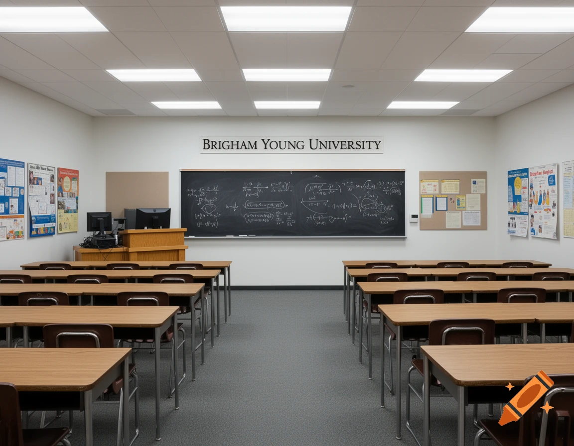 An empty college classroom with rows of wooden desks and chairs, a blackboard with equations, and 'Brigham Young University' on the wall.