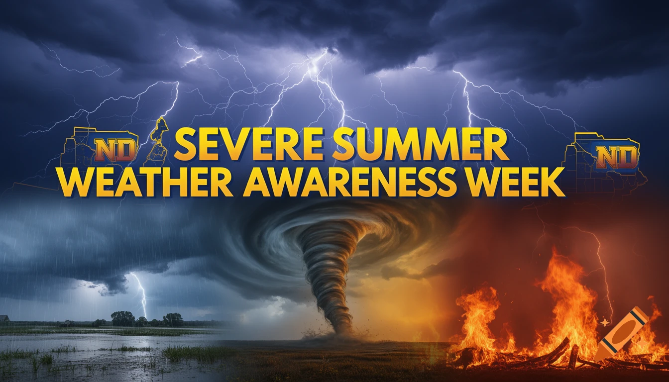 Graphic collage of severe weather: lightning, rain, tornado, and wildfires. Yellow text: 'SEVERE SUMMER WEATHER AWARENESS WEEK' and 'ND' logos.