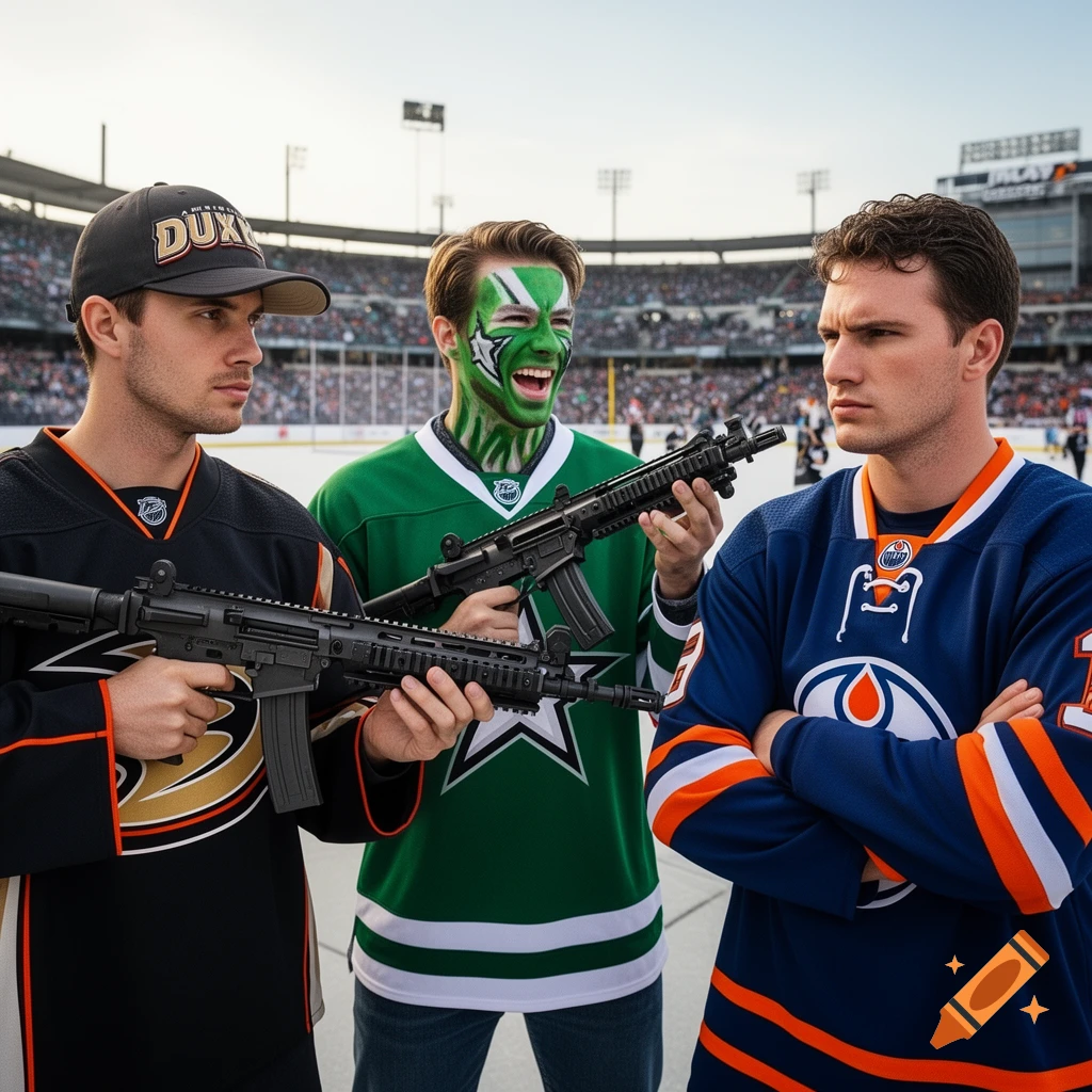 Three male hockey fans, two holding rifles, on an ice rink, looking at each other, with one having green face paint.