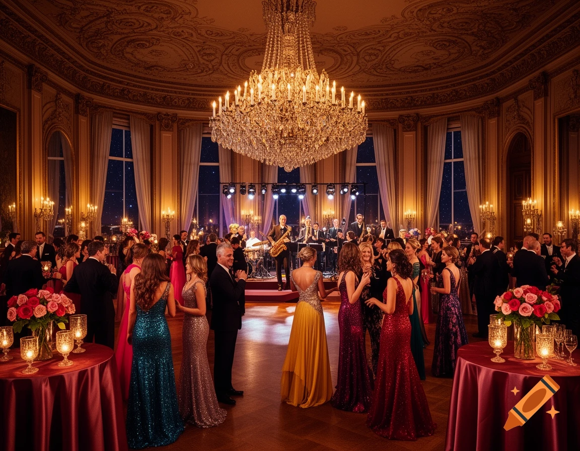 A lavish formal party in a grand ballroom with people in elegant attire, a band on stage, and a large crystal chandelier.