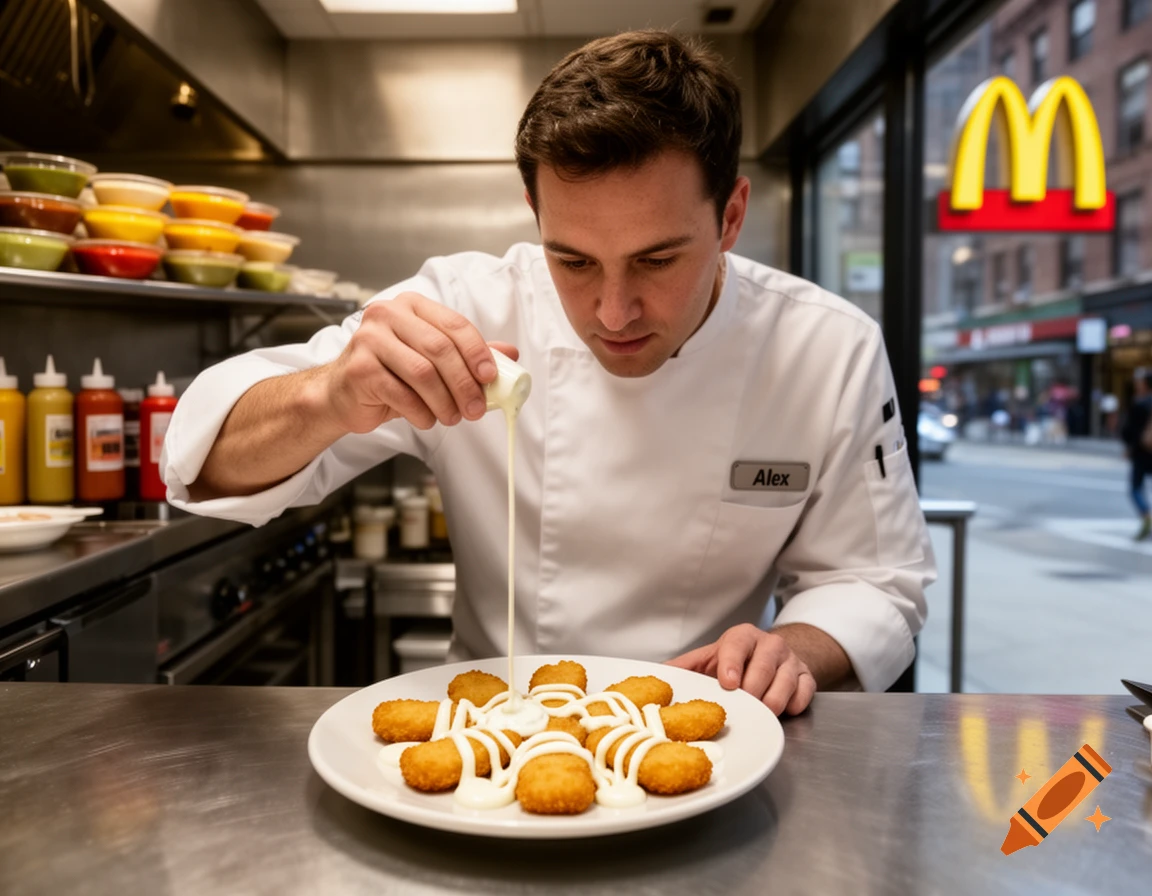 A chef named Alex drizzles white sauce over chicken nuggets on a plate, with a McDonald's sign visible outside a window.