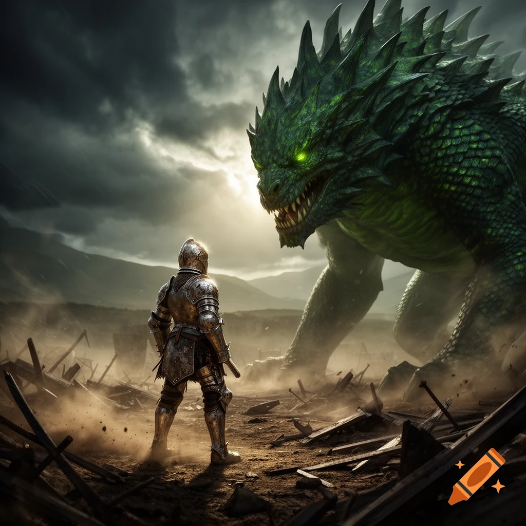 A knight in shining armor stands on a desolate, debris-strewn ground, facing a colossal green dragon under a stormy sky.