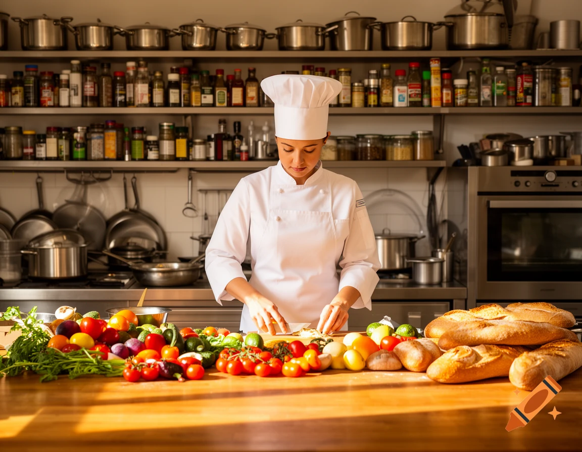 A female chef in a white uniform chops vegetables on a wooden counter in a brightly lit professional kitchen.