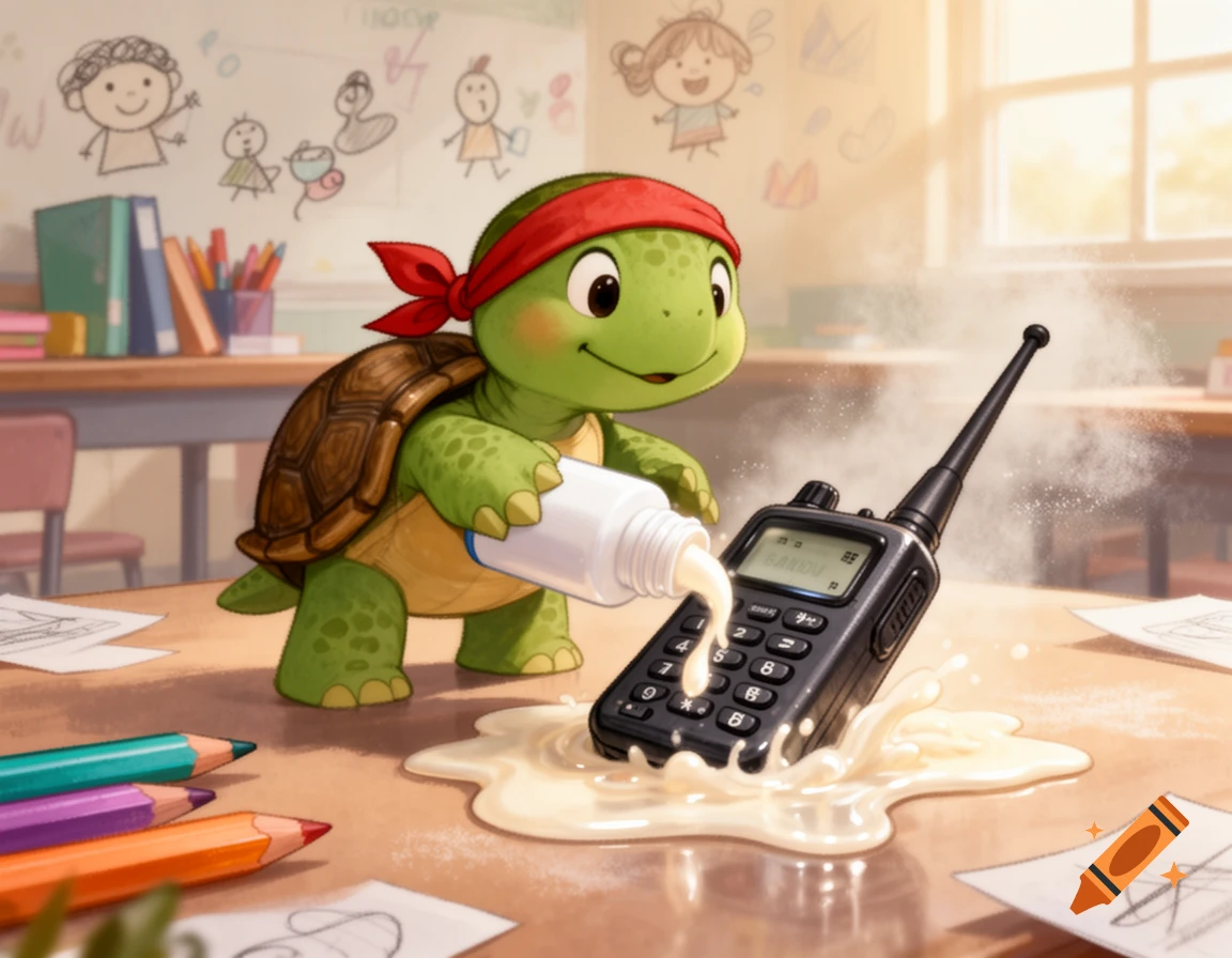 A cute cartoon turtle in a red bandana spills whiteout on a black walkie-talkie on a desk in a sunlit classroom.