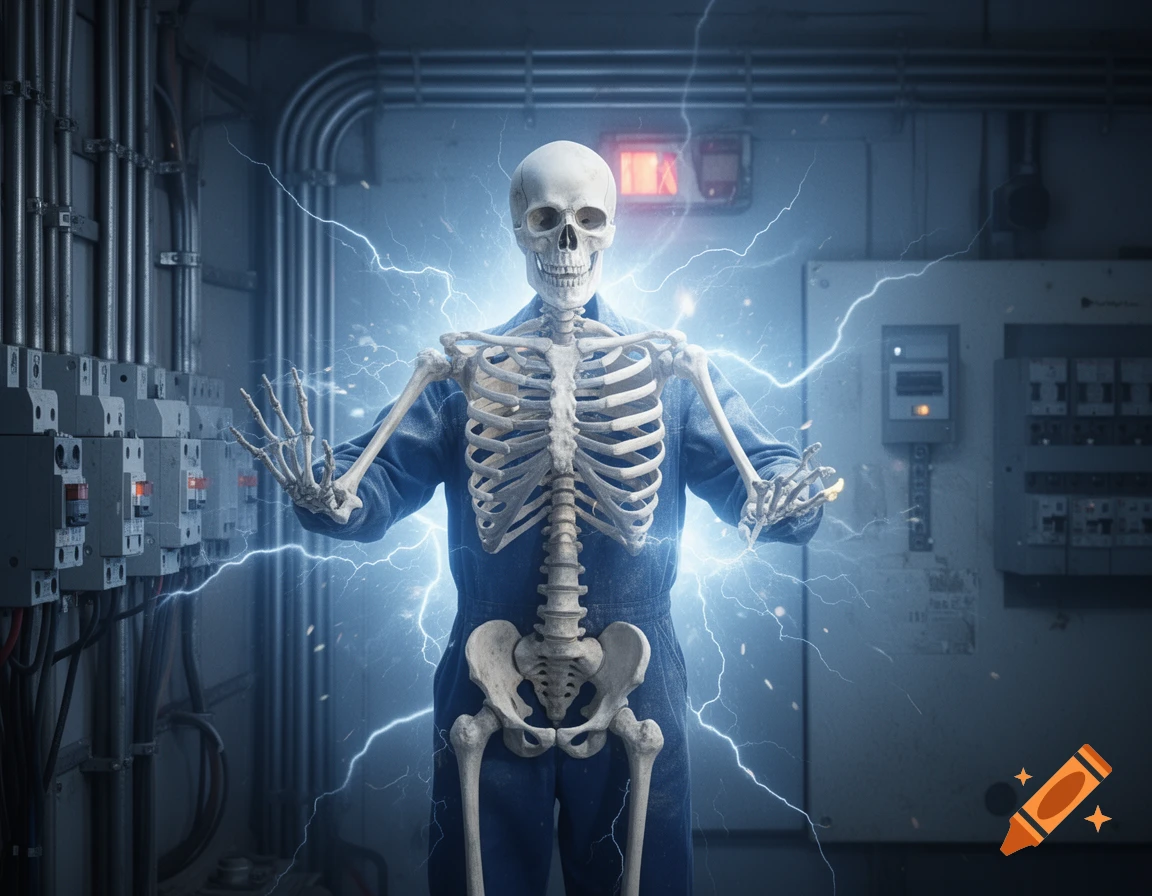 A skeleton wearing a blue jumpsuit stands in an electrical room, surrounded by bright blue electricity from an arc flash.