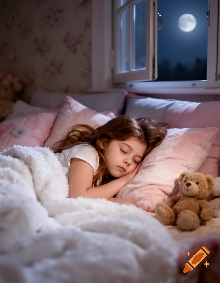 A young girl sleeps peacefully in bed with a teddy bear, covered by a white blanket. A full moon shines through an open window.