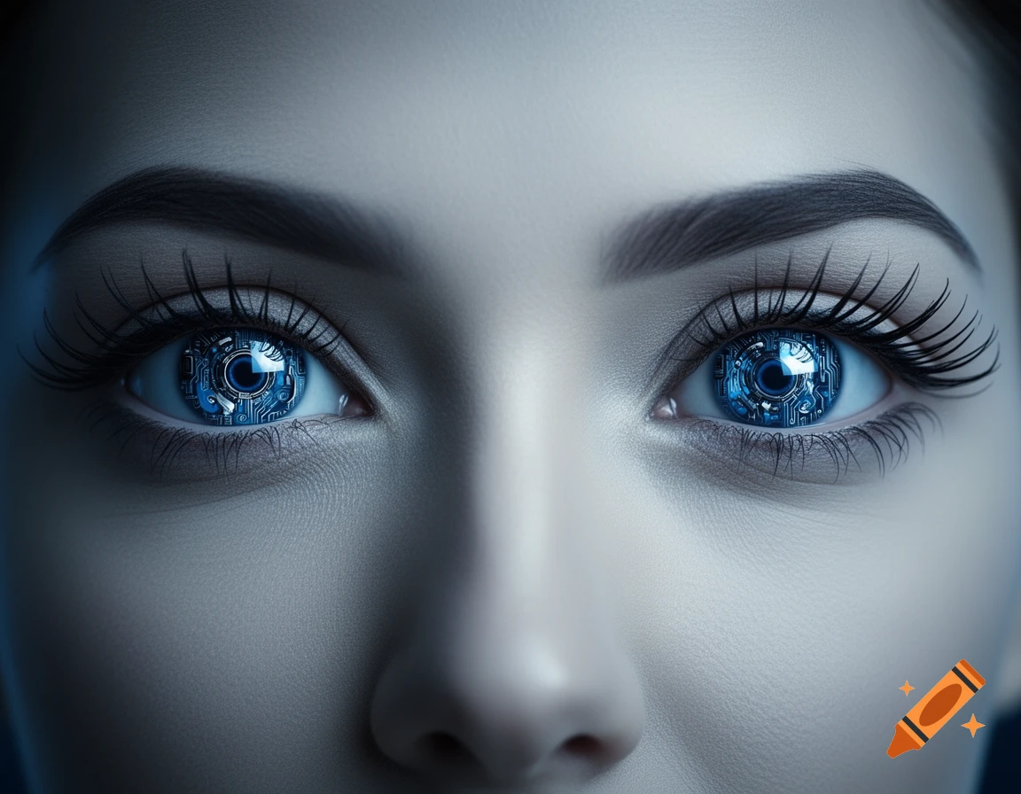 Close-up of a face with bright blue, glowing circuit board eyes, creating a sci-fi aesthetic.