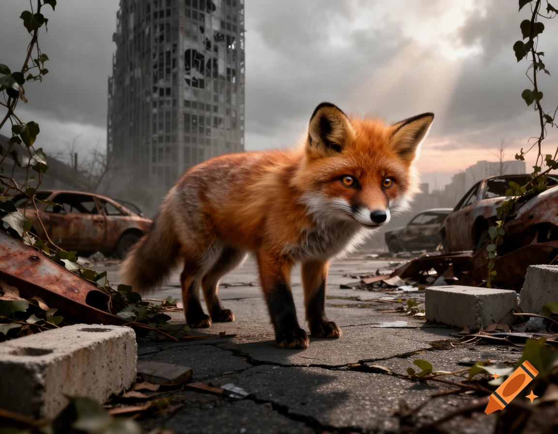A photorealistic red fox stands on cracked pavement amidst rubble and rusted cars in a post-apocalyptic city.