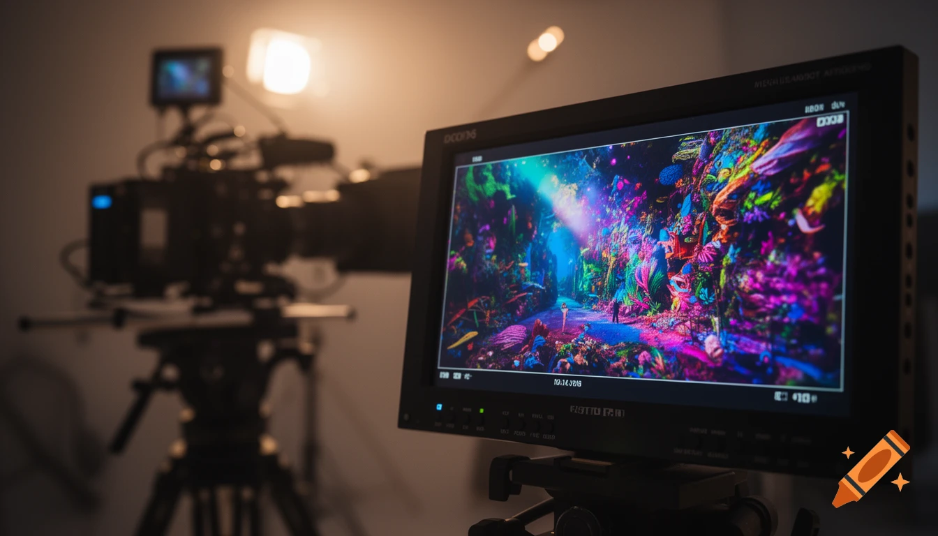 A close-up of a film director's monitor showing a vibrant, colorful fantasy scene, with a blurred film camera and studio lights in the background.