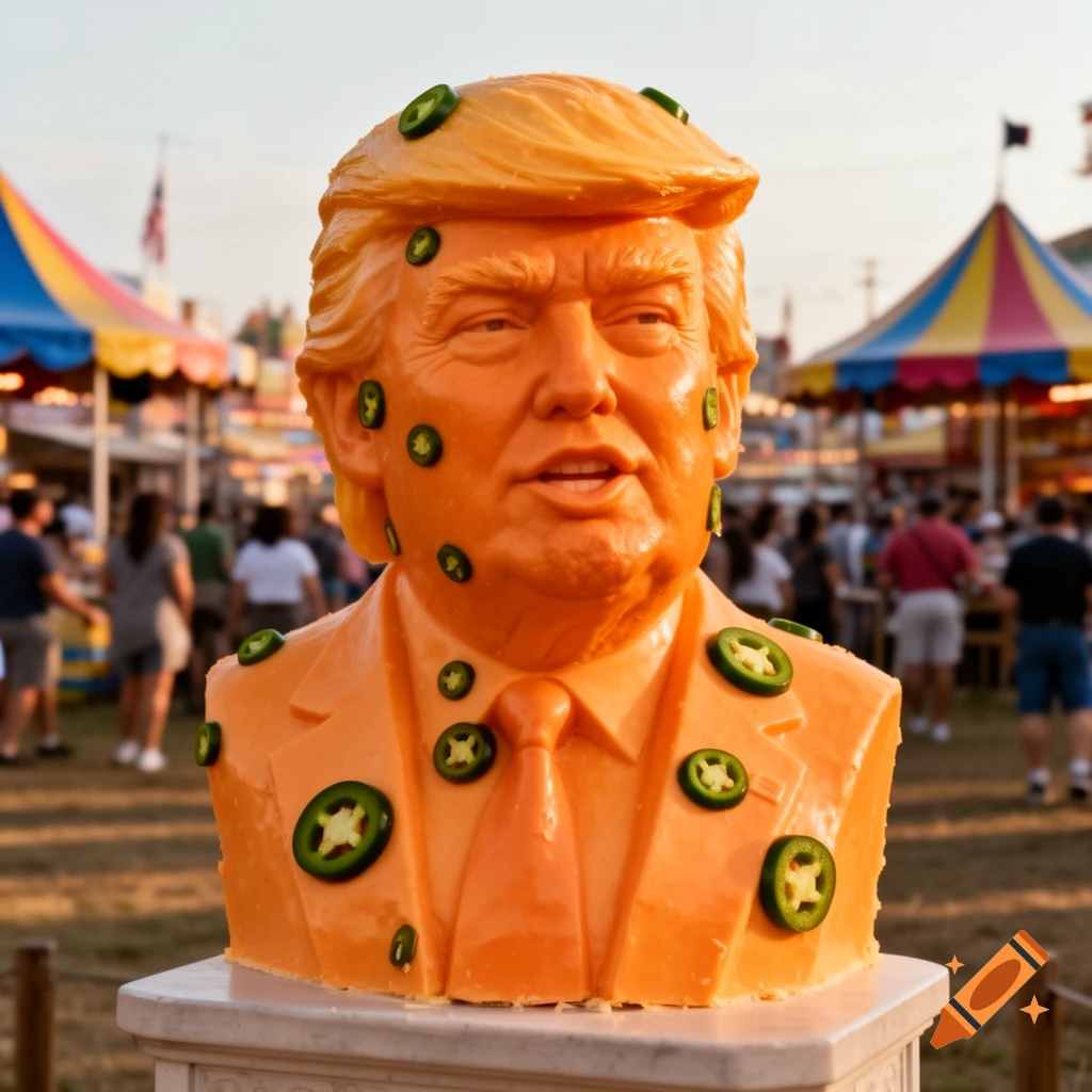 Photorealistic orange butter bust of Donald Trump covered in jalapeño slices at a fairground.