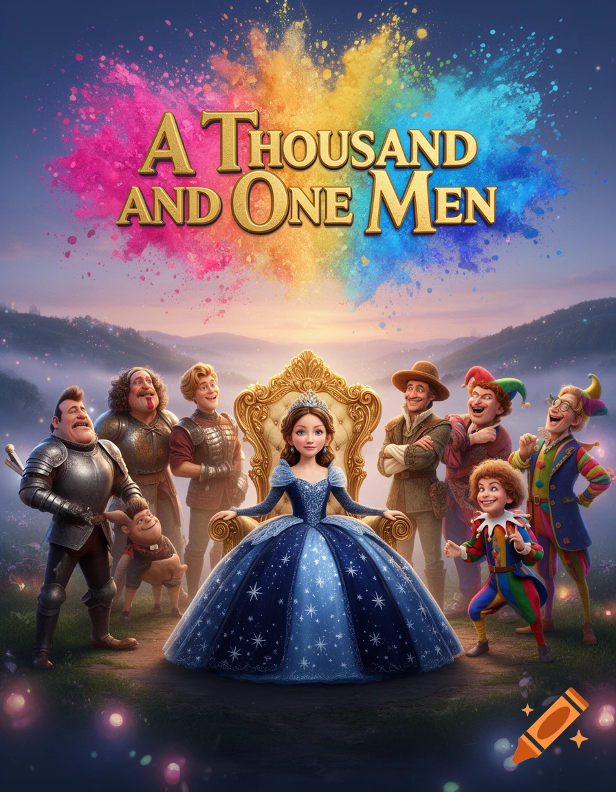 Cartoon movie poster with a princess on a golden throne, surrounded by knights and jesters, with 'A Thousand and One Men' title and colorful paint splash.