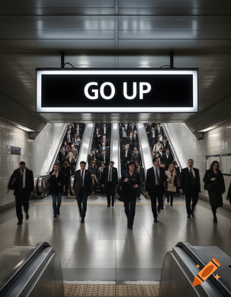 Photorealistic image of commuters in a dimly lit modern subway station with escalators, a sign reads 'GO UP'.