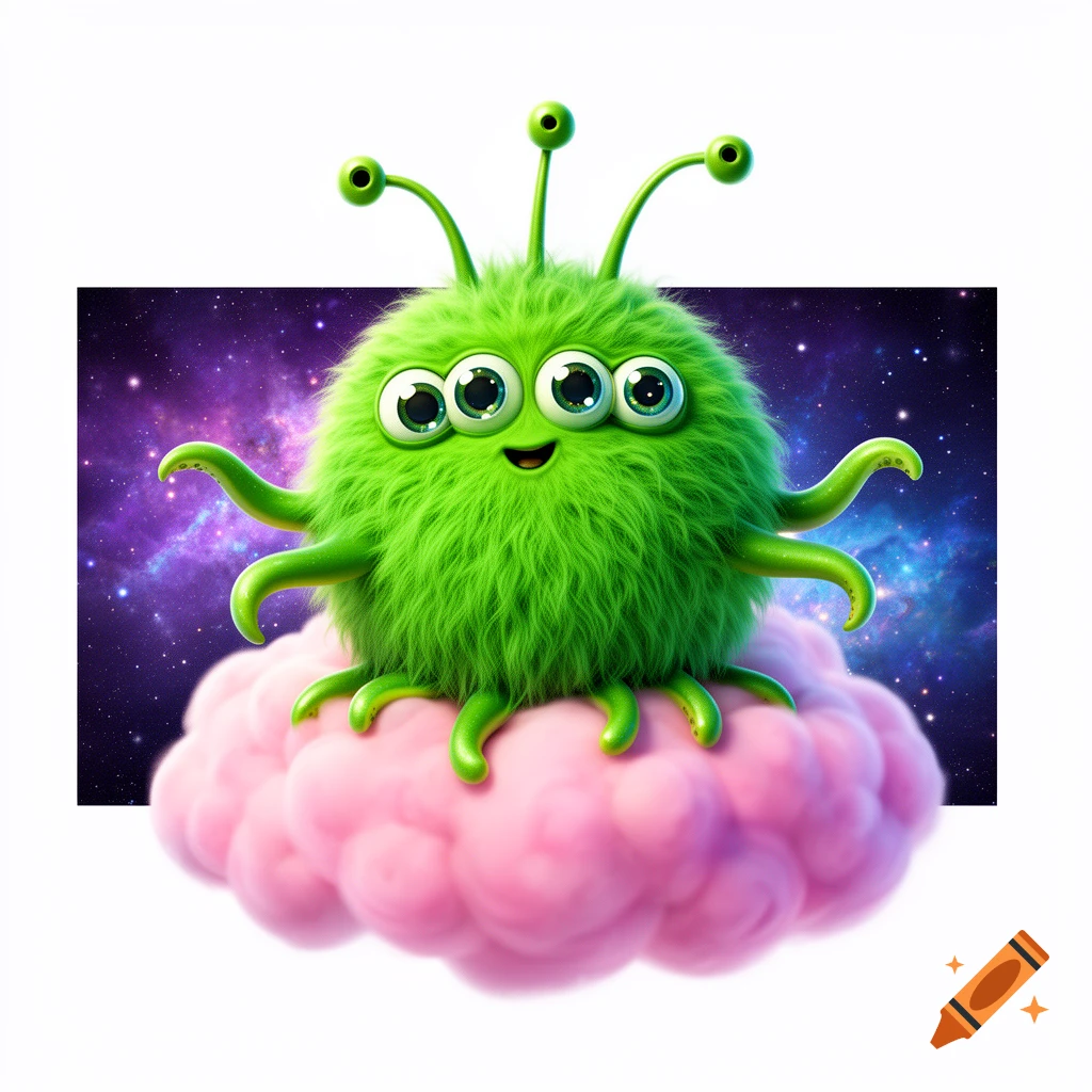 A cute, fluffy green alien with multiple eyes and tentacles sits on a pink cloud, floating in starry space.