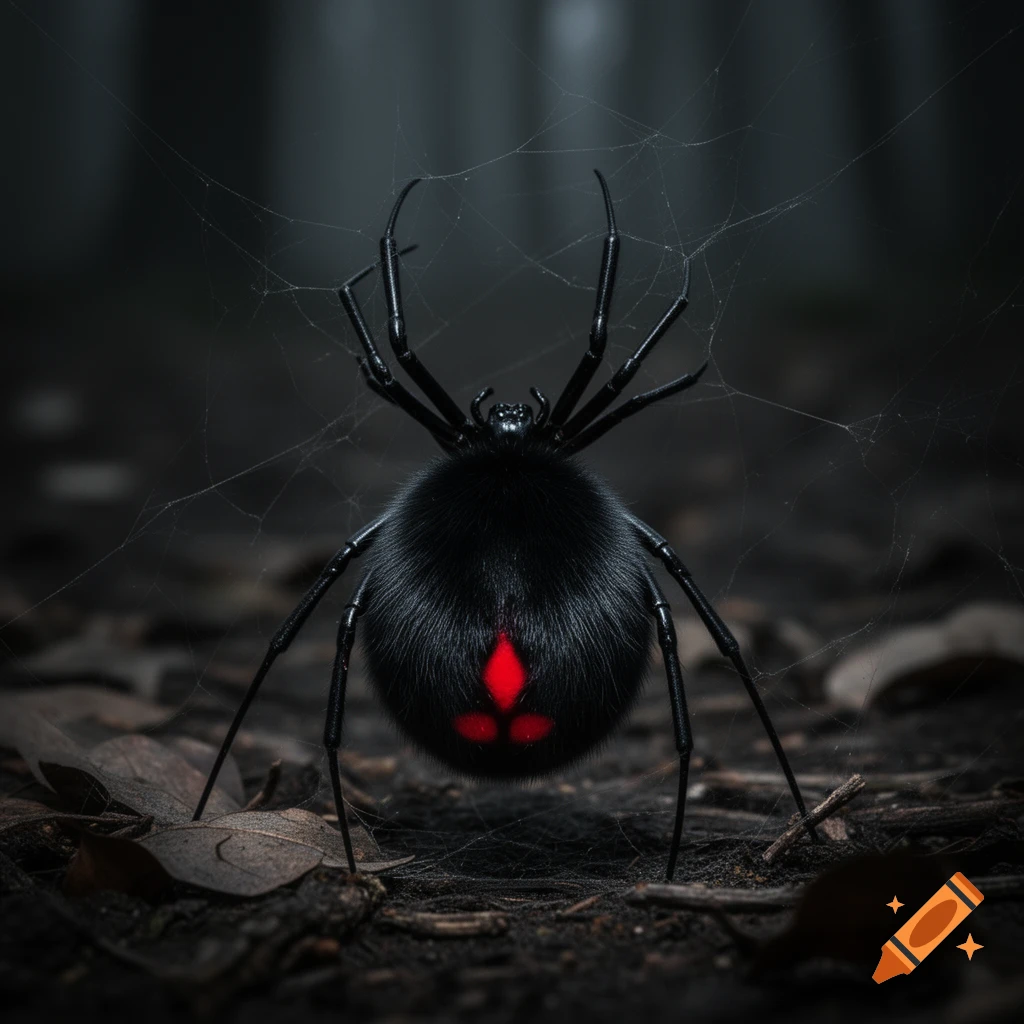 A detailed, close-up shot of a black widow spider with a fluffy, black abdomen and a prominent red marking, on dark ground with cobwebs.