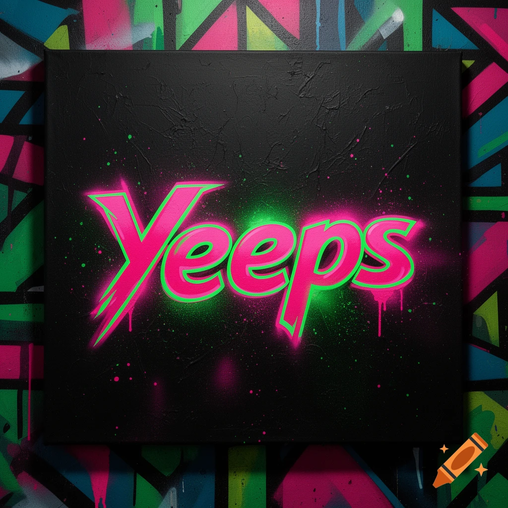 Neon pink and green 'Yeeps' text in a graffiti style on a black canvas, with a colorful graffiti background.