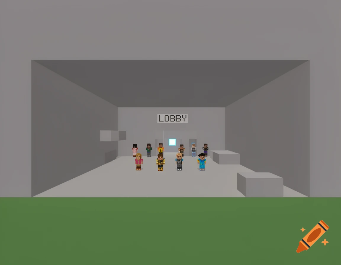 A group of blocky pixel art characters standing in a simple, grey room with a 'LOBBY' sign above a glowing square doorway, resembling a video game spawn.
