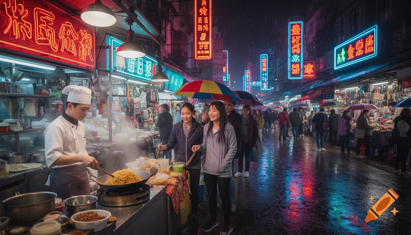 A bustling street food market at night in the rain, with a chef stir-frying noodles at a stall, flanked by customers with umbrellas. Vibrant neon signs reflect on the wet pavement, creating a lively urban scene.