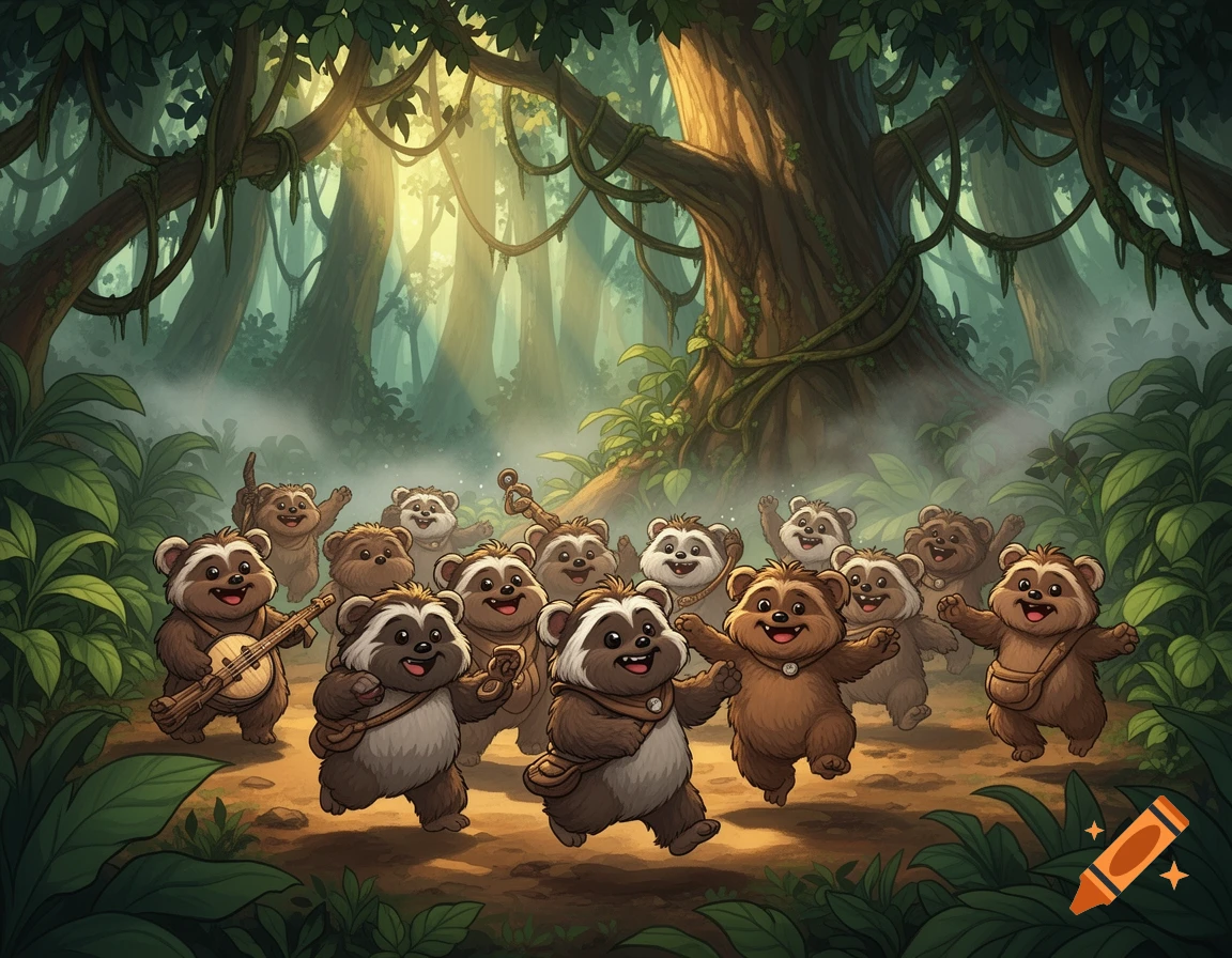 Cartoon illustration of many happy Ewok-like creatures dancing and playing music in a lush, misty forest.