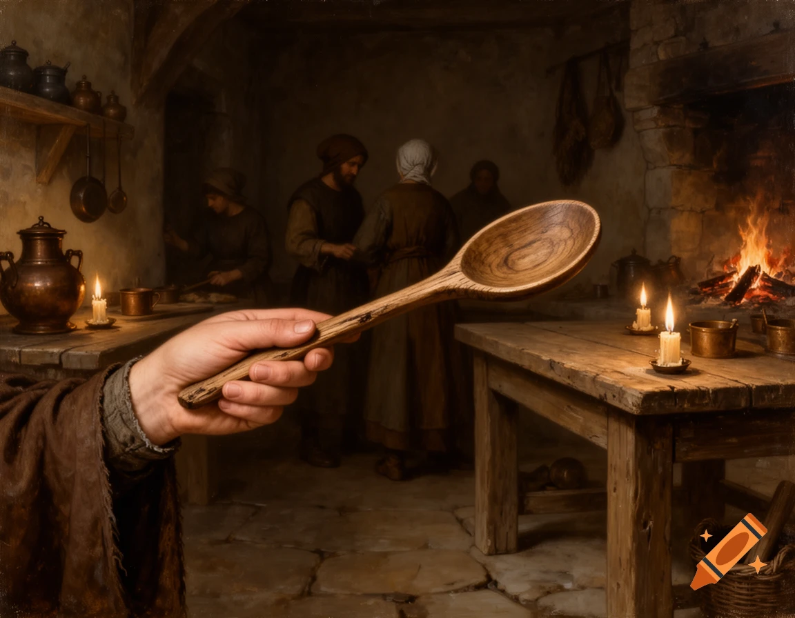 A hand holds a large wooden spoon, set against a dark, candlelit historical kitchen with figures and a roaring fireplace.