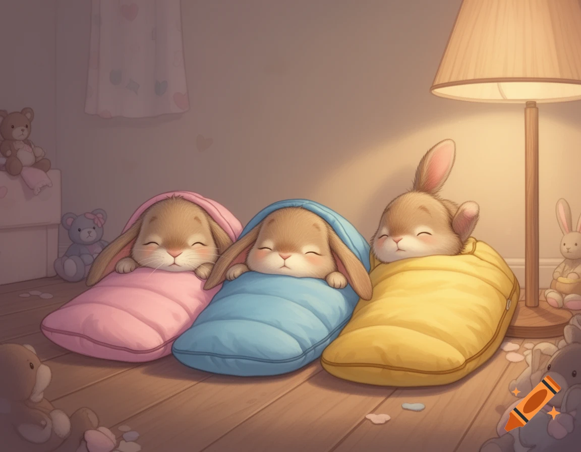 Three adorable cartoon bunnies sleep soundly in pink, blue, and yellow sleeping bags on a wooden floor, surrounded by plush toys under warm lamp light.