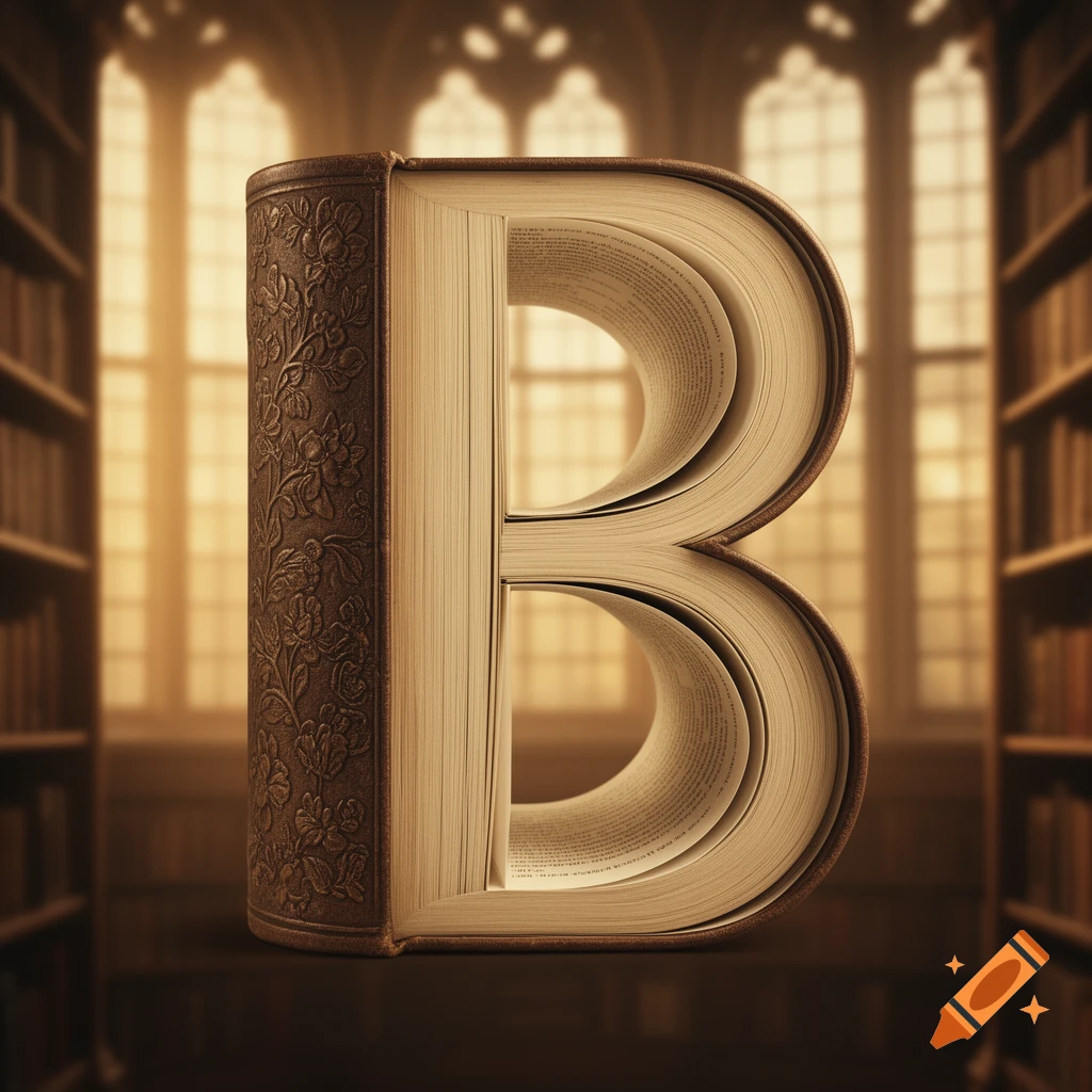A letter B formed by an open book with intricate cover design, set in a blurred library with large windows.