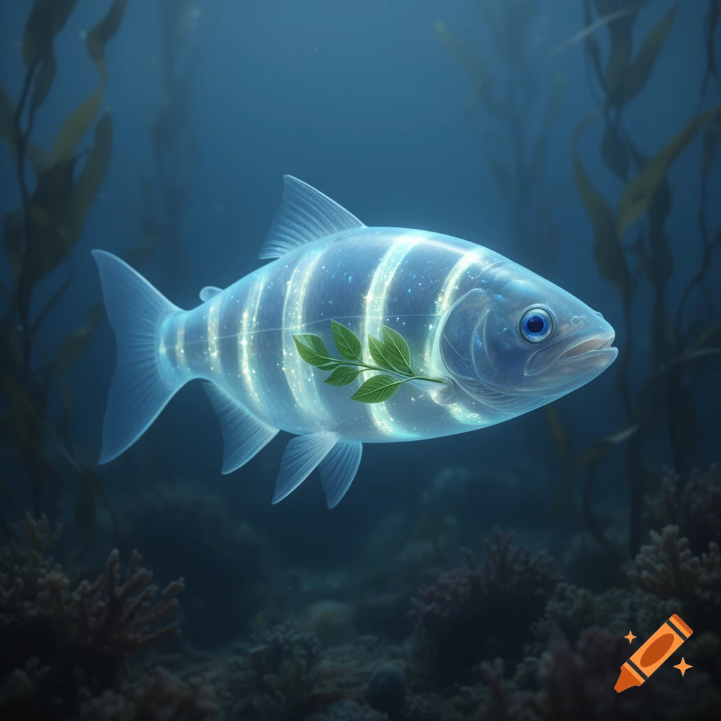 A translucent, light blue fish with glowing stripes and green-tinted gills, holding a green leaf in its mouth, swims underwater.