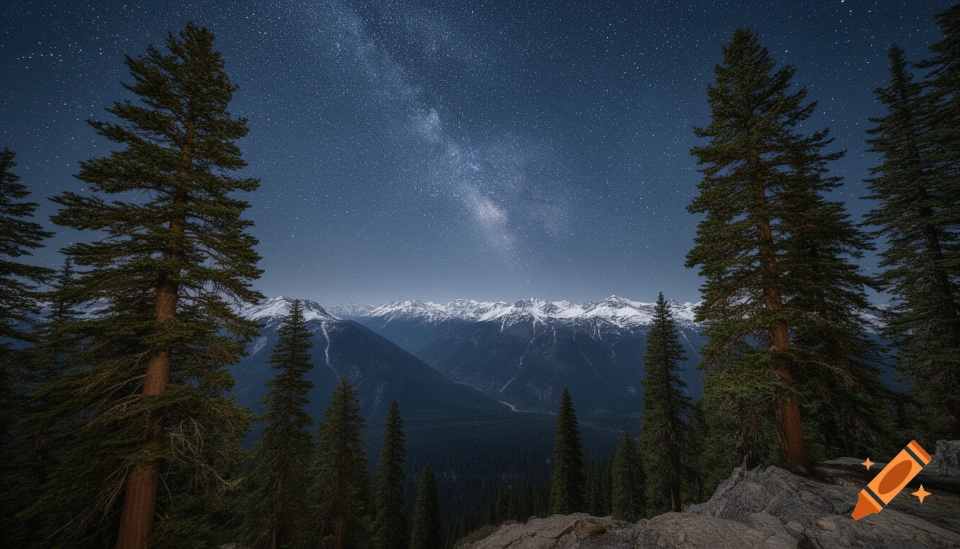 Night landscape with tall pine trees framing snow-capped mountains under a starry sky with the Milky Way visible.